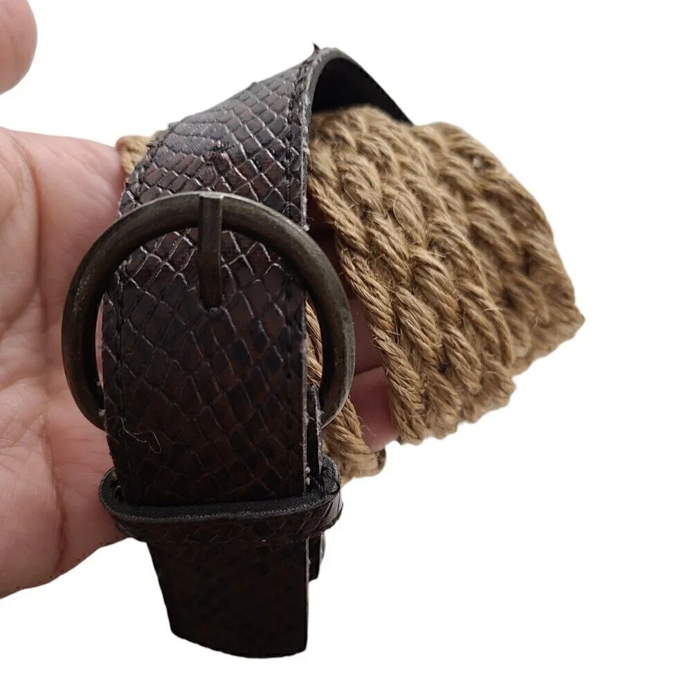 Vintage 80s 90s Women's Skinny  Brown Leather Braided Woven Jute Straw Belt